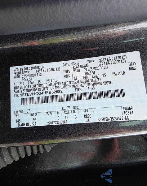 2017 Ford F150 Supercrew z USA, uszkodzony, nr VIN 1FTEW1CG4HFB52682